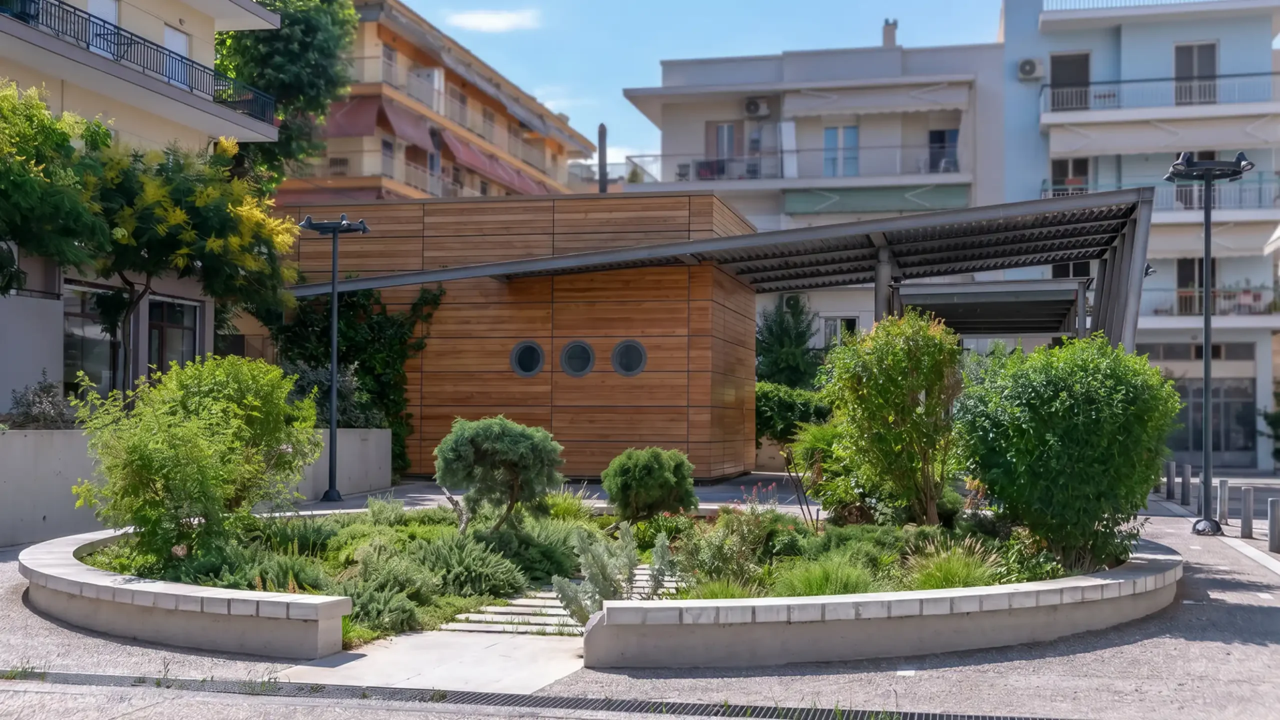 Άποψη της πλατείας με τη φύτευση και τη στεγασμένη έξοδο του υπόγειου πάρκινγκ.